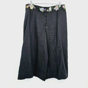 Peter Martin Wide Leg Culotte Pants 12 Black Floral Embroidered Waistband Linen